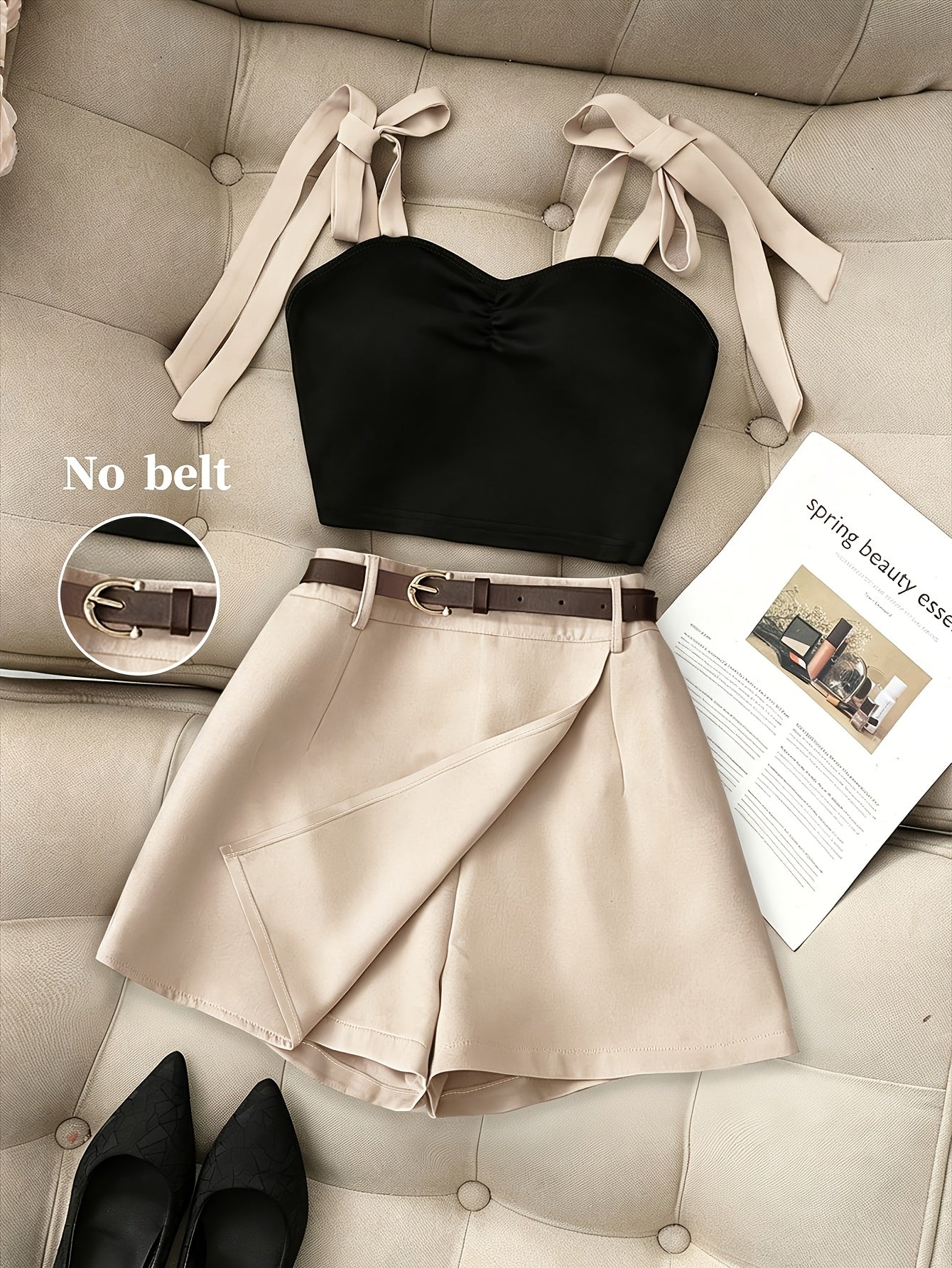 Women's Bow Detail Tank Top & A-Line Casual Shorts Set