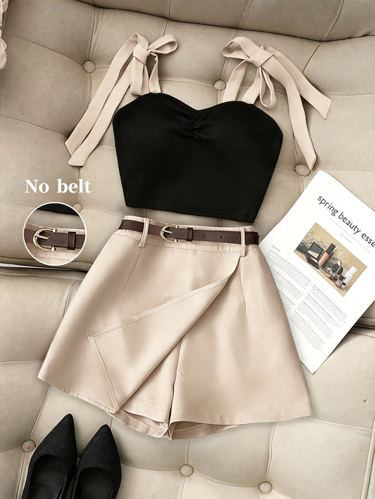 Women's Bow Detail Tank Top & A-Line Casual Shorts Set