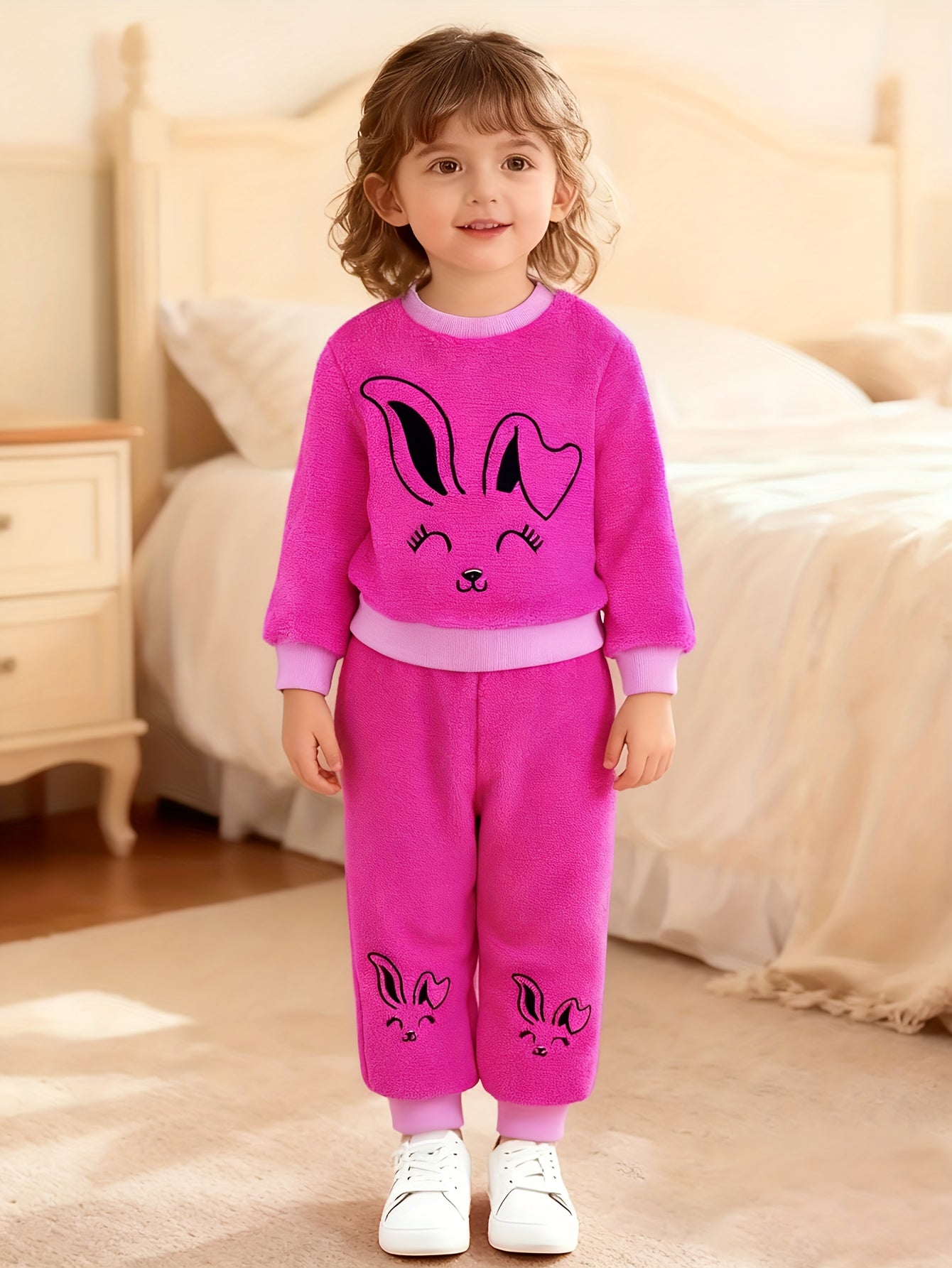 Adorable Cartoon Rabbit Embroidered Two-Piece Set for Youngsters - Soft Coral Fleece Outfit with Matching Pants, Perfect for Fall/Winter Casual Wear, Youngsters'S Playwear|Playful Design|Stretchy Fabric, Youngsters Girl Cloth