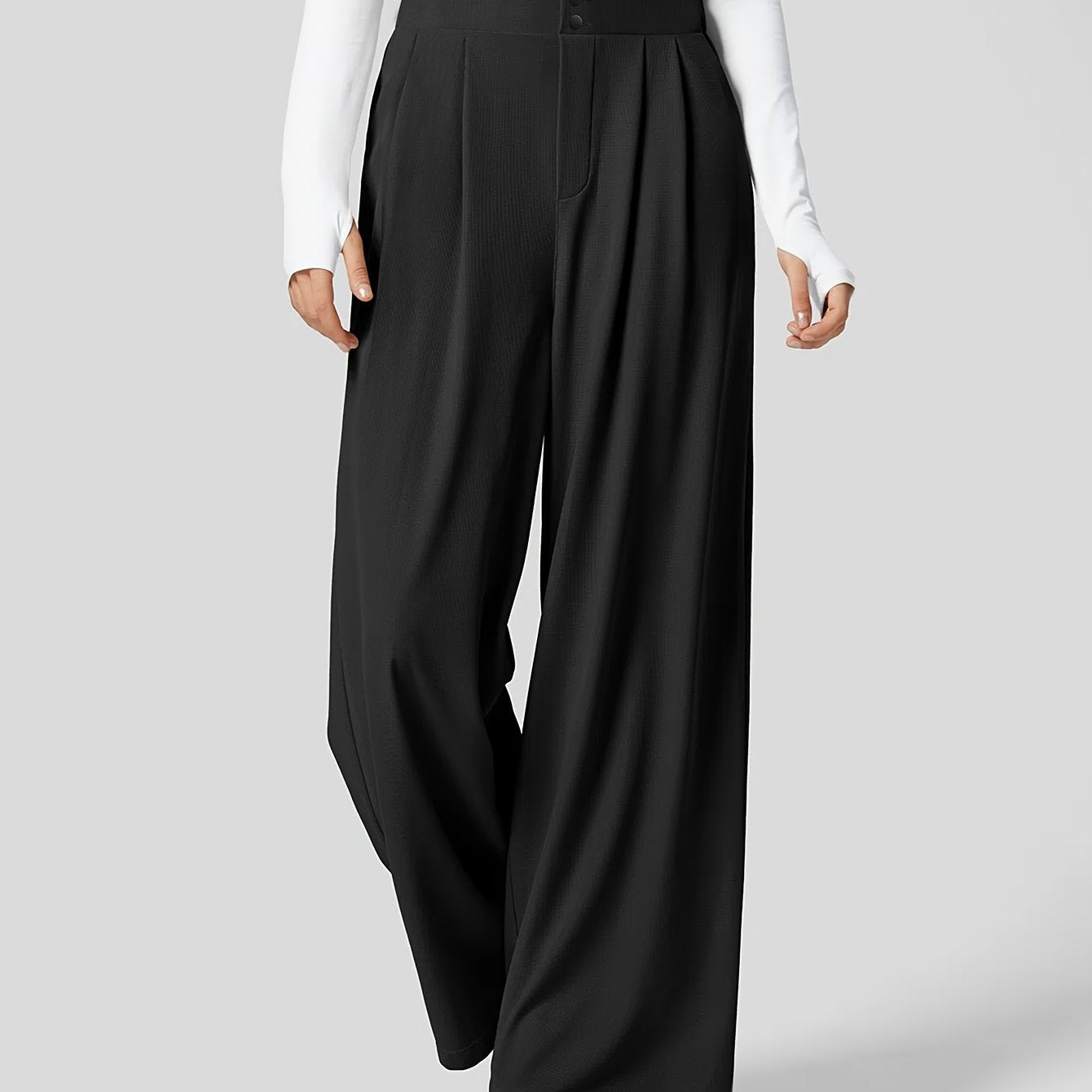 Casual Chic] Կանացի շիկ ֆրանսիական ոճի միագույն սև ծալքավոր տաբատ՝ բարձր գոտկատեղով, լայն ոտքով, պոլիեսթերով, լվացվող մեքենայում՝ կատարյալ արձակուրդի և ամենօրյա հագուստի համար, գեղեցիկ տաբատ