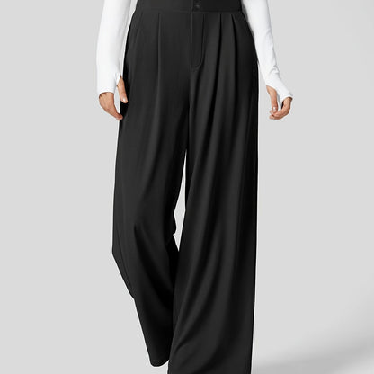 Casual Chic] Կանացի շիկ ֆրանսիական ոճի միագույն սև ծալքավոր տաբատ՝ բարձր գոտկատեղով, լայն ոտքով, պոլիեսթերով, լվացվող մեքենայում՝ կատարյալ արձակուրդի և ամենօրյա հագուստի համար, գեղեցիկ տաբատ