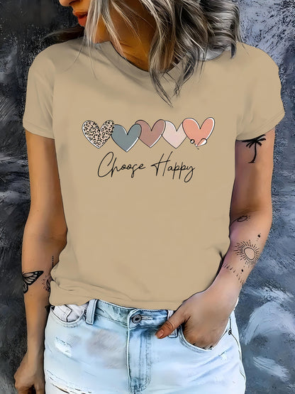 Women's Casual Sport T-Shirt, Round Neck, Heart And Happy Print, Short Sleeve, Soft Knit