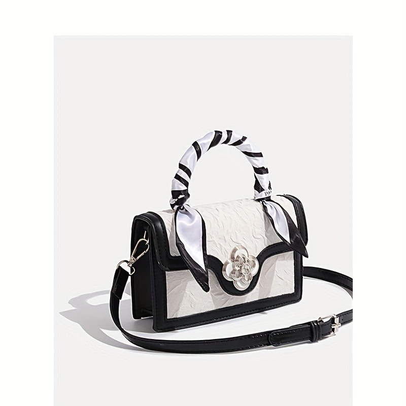 Chic Retro Square Crossbody Bag for Women - White Synthetic with Black Accents, Adjustable Strap & Metal Buckle Closure, Elegant Handbag for Commuting, Casual Outings & Everyday Use, Small Crossbody Bag