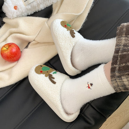 1 Pair Women's Cozy Furry Winter Thermal Socks - Thick Warm Plush Polyester with Festive Snowman, Gingerbread & Reindeer Embellishments, Soft Round Toe & Heel, Hand Wash Only - Christmas & New Year's Party Socks for Cold Weat