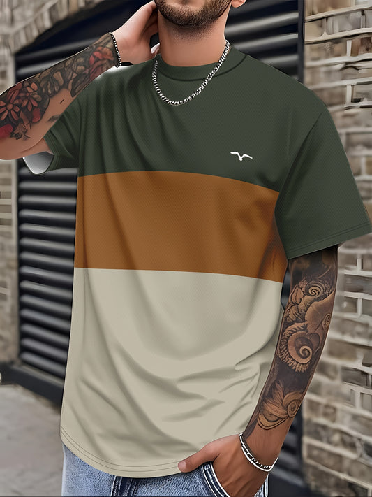 Men's Modern Fit T-Shirt - Dark Green to Beige/Ochre Color Transition, Machine Washable Casual Everyday Shirt for Parties  Outings - Non-Transparent Fabric, Horizontal Stripe Design, Comfortable Fit Tee, Outing Attire, Trend
