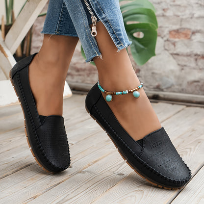 Women's Retro Perforated Flat Shoes, Comfy Breathable Round Toe Slip On Shoes, Casual Outdoor Loafers