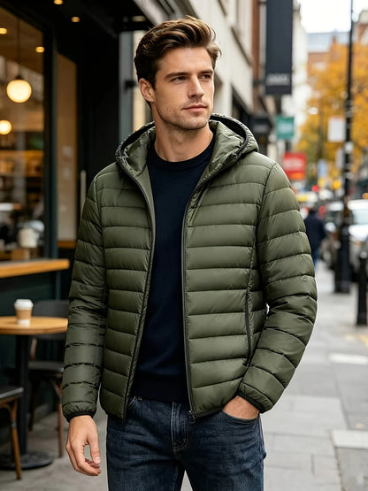 Men's Casual Hooded Padded Coat - Warm Polyester Outerwear