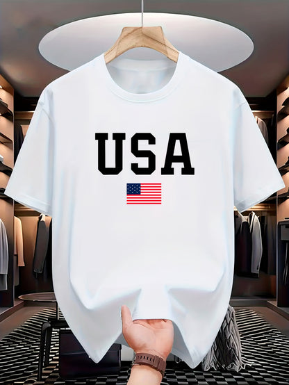 USA Flag Print Crew պարանոցի վերնաշապիկ, սովորական պոլիեսթեր տրիկոտաժե թիկնոց, թեթև ձգվող, այբուբենի ձևանմուշ, տրիկոտաժե դետալ, տղամարդկանց համար, ամառային կարճաթև շապիկ