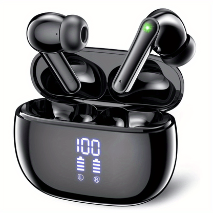 Wireless Earbuds with Touch Control, Built-in Noise Reduction Mic, Type-C Charging Case, 15Hr Playtime, 2Hr Quick Charge, USB Charging, 380mAh Battery, with LED Power Display, for Sports, Adult, Compatible with Cellphones