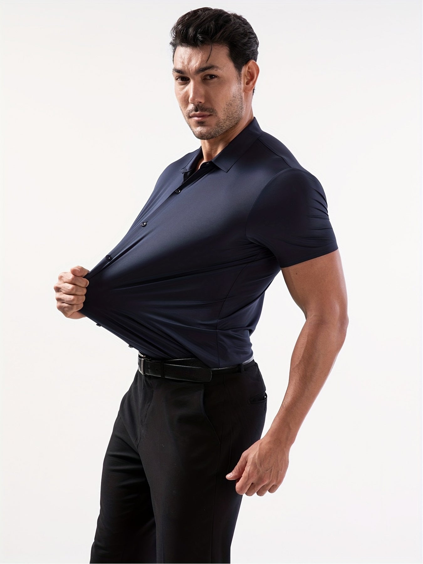 Men’s High-Stretch Lapel Short-Sleeve Shirt for Summer Casual