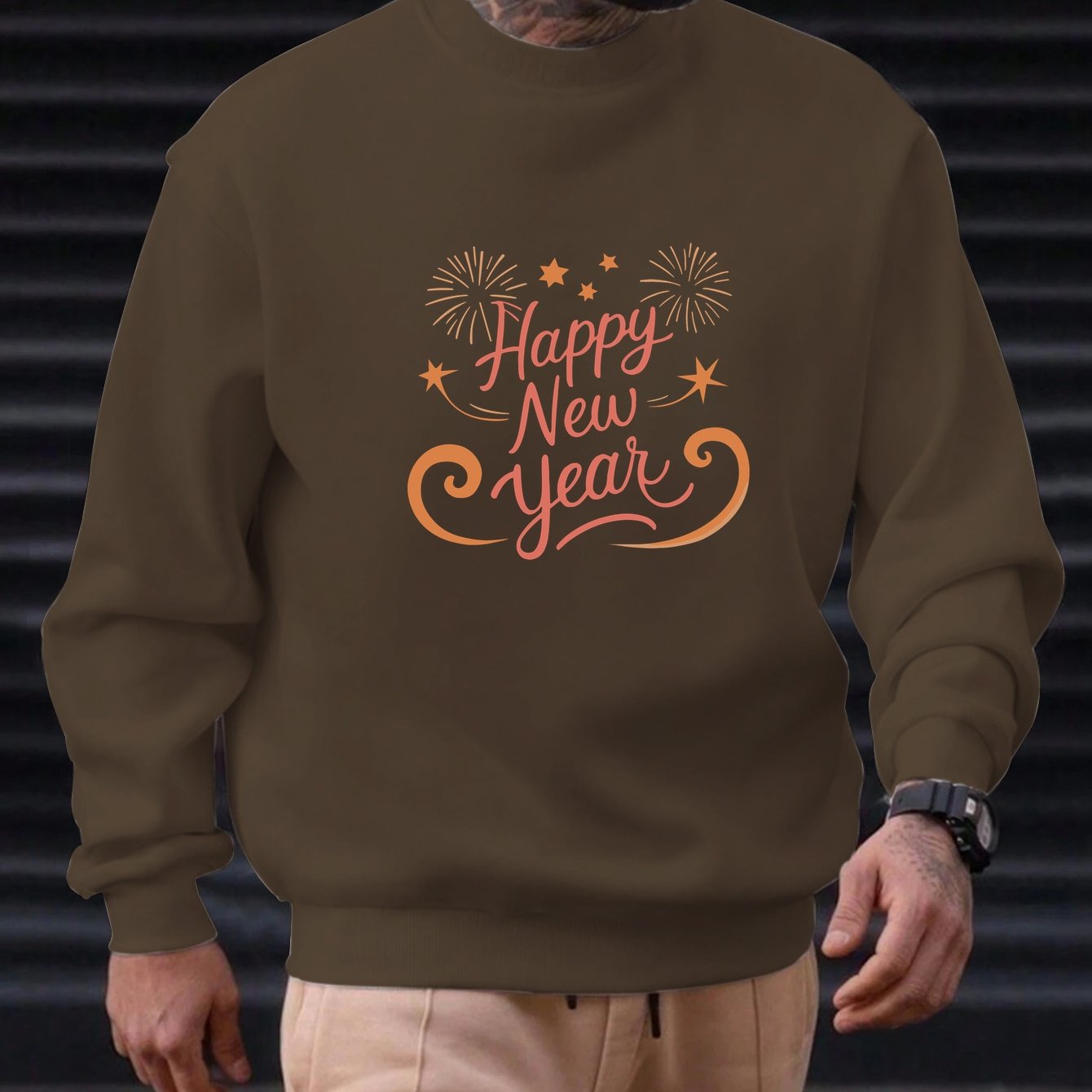 Men'S Happy New Year Sweatshirt - Light Grey with Orange Lettering - Regular Fit Crewneck Pullover for New Year'S Eve, NYE Parties & Casual Attire - Non-Permanent Celebration Sweater for Everyday & Special Occasions, New Year