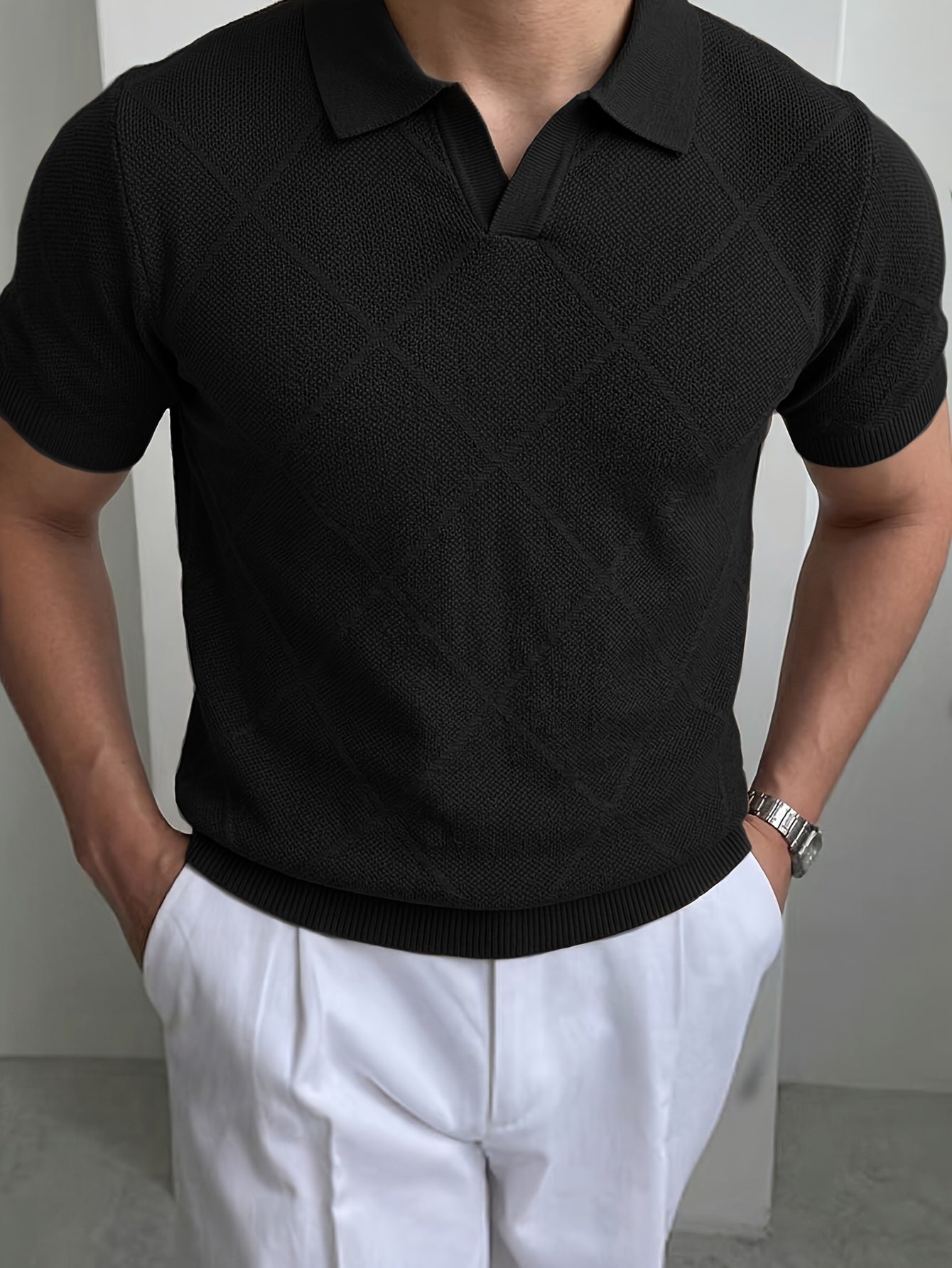 Men's Summer Slim Fit Vintage Knit Polo Shirt with Lapel Collar