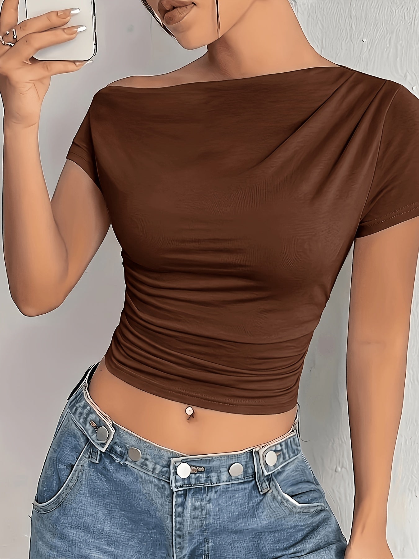 Elegant Off-Shoulder Asymmetrical Knit T-Shirt for Women