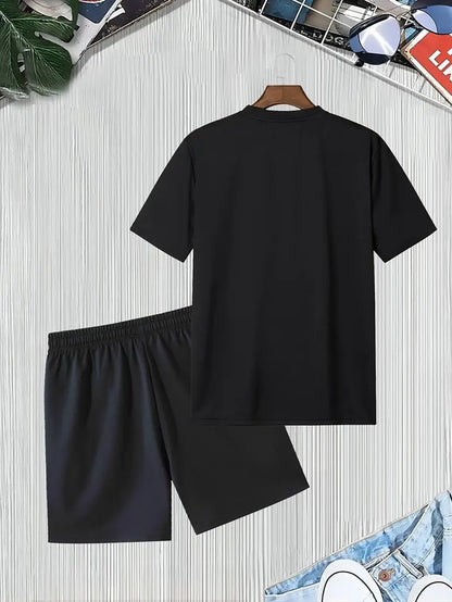 Men'S Summer Casual Sport Two-Piece Set - LADA Letter Pattern Print T-Shirt and Black Drawstring Shorts, Casual Sportswear, Regular Fit - Perfect for Summer Outdoor