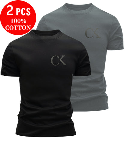 2pcs 100% Cotton Men's T-Shirts, Summer Short Sleeve Slim Fit Tops, Trendy Versatile Casual Basic Style with Minimalist CK Letter Print on Chest for  Flair - ayq