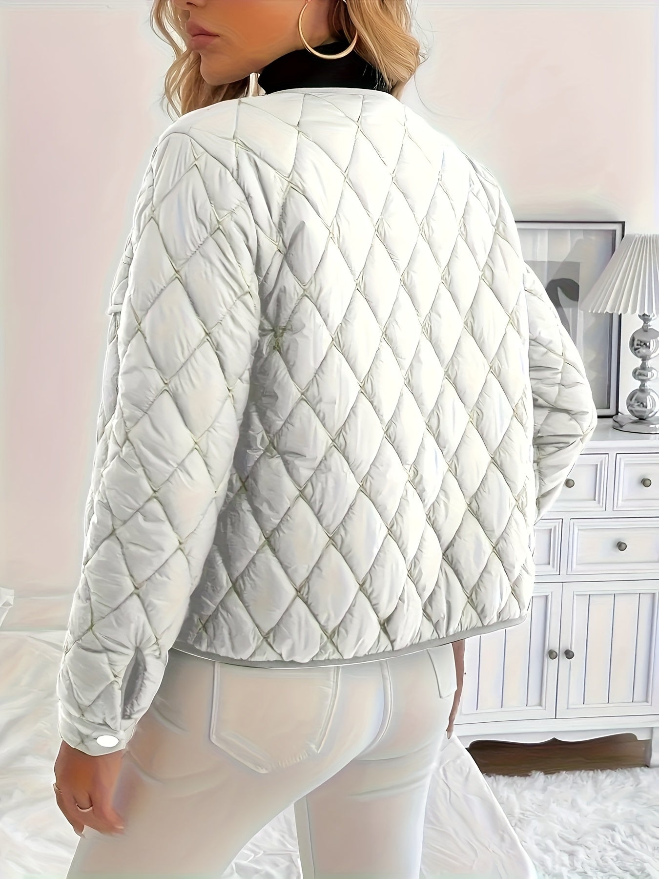 Women'S Quilted Jacket with Golden Buttons - Stylish White Long Sleeve Coat, Casual Fit, Faux Pockets, Perfect for Casual Attire, Casual Wear Jacket | Quilted Jacket | Buttoned Jacket