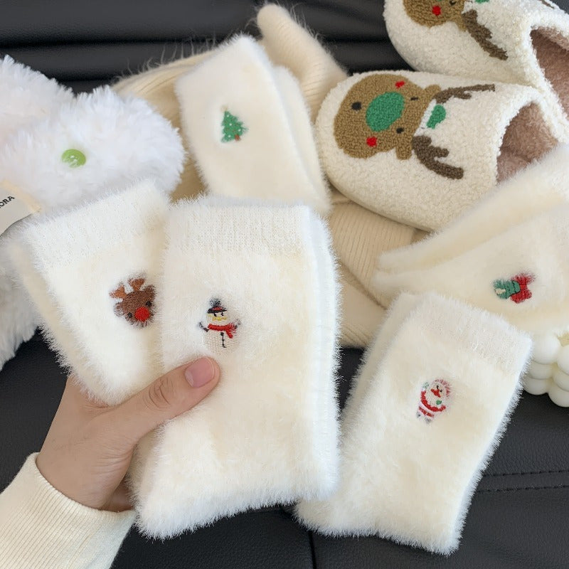 1 Pair Women's Cozy Furry Winter Thermal Socks - Thick Warm Plush Polyester with Festive Snowman, Gingerbread & Reindeer Embellishments, Soft Round Toe & Heel, Hand Wash Only - Christmas & New Year's Party Socks for Cold Weat