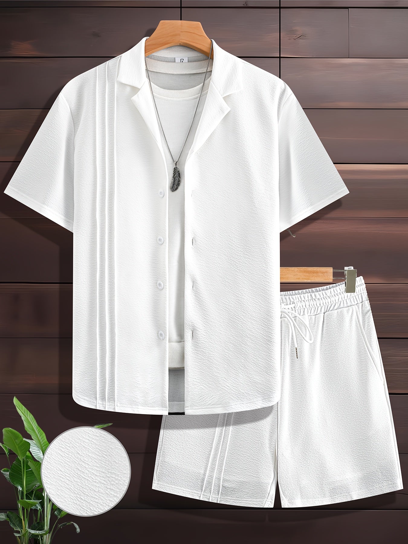 Men's Summer White Textured Short Sleeve Shirt & Shorts Set