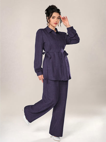 Stylish and Elegant Casual Two-Piece Women's Outfit with Side Tie Single-Breasted Shirt and Wide-Leg Pants for Office Wear