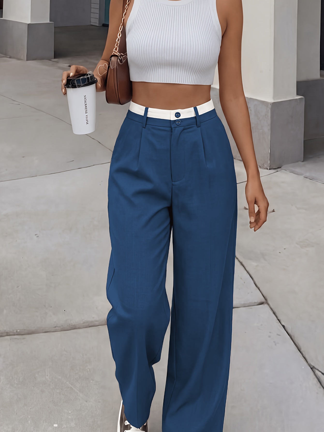 Women’s Retro High-Waisted Color-Block Casual Suit Pants