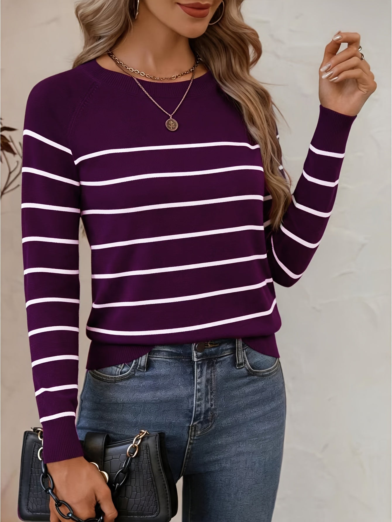 Women's Casual Striped Round Neck Pullover Sweater