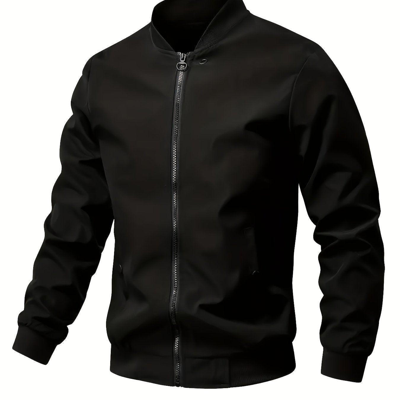 1pc Men'S Casual Stand Collar Bomber Jacket, Solid Color Long Sleeve Non-Stretch Woven Acetate with Pockets, Polyester Lined Zip-Up Lightweight Outerwear for Spring/Fall