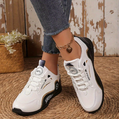 JUKEFULA White Women's Outdoor Colorblock Sneakers - Elegant white and grey casual sneakers with soft sole and lace-up design, suitable for all seasons, gym and travel