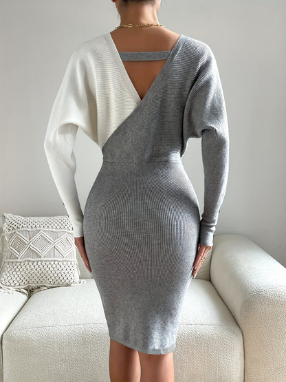 Կանացի գունավոր բլոկներով ասիմետրիկ, էլեգանտ, V-աձև դեկոլտեով, գոտկատեղի շղթայով զարդարված, կոնքերը ընդգծող սեքսուալ գործվածքից միդի զգեստ