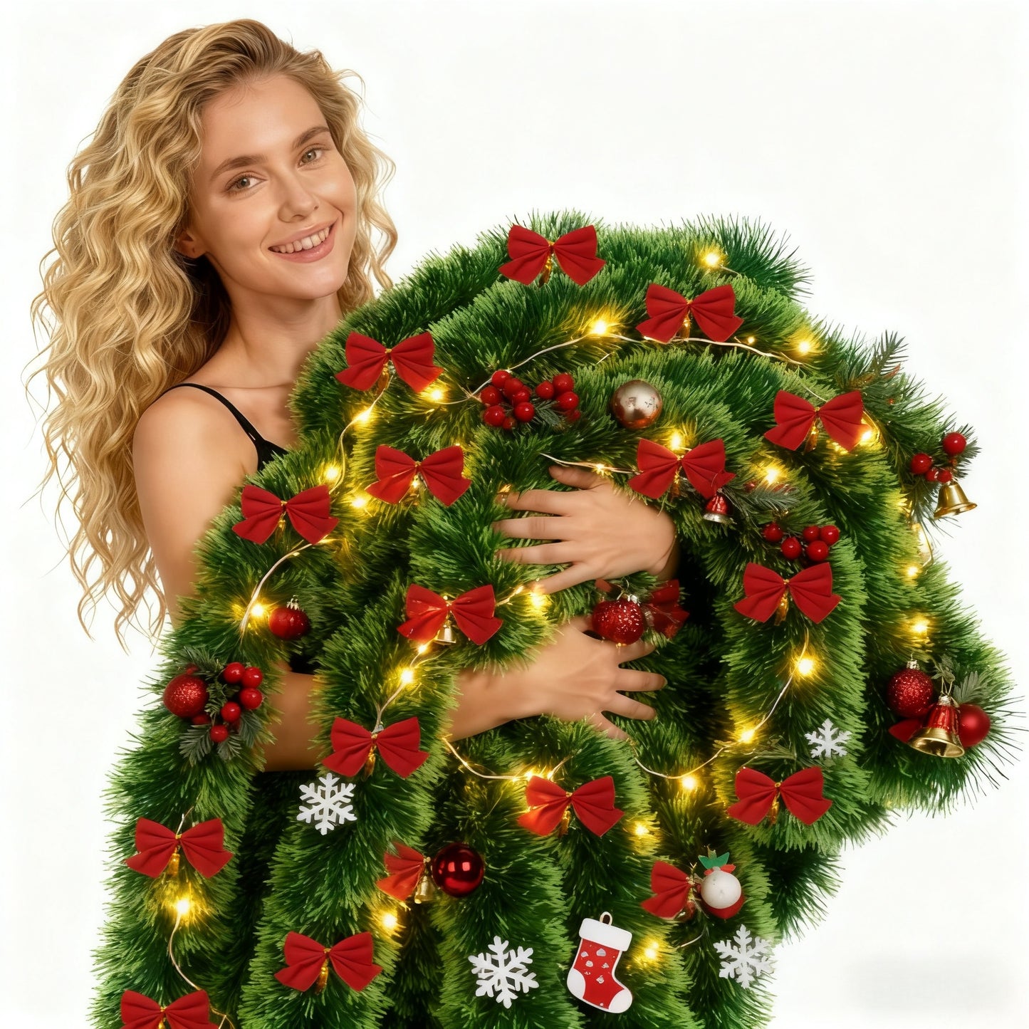 314.96-inch 40pcs Set with Red Bows - Premium Winter Dark Green Christmas Vine Spring Decoration | No Lights - Artificial Plastic Material Metallic Foil Faux Garland Plant | Suitable for Christmas, New Year, Thanksgiving Part