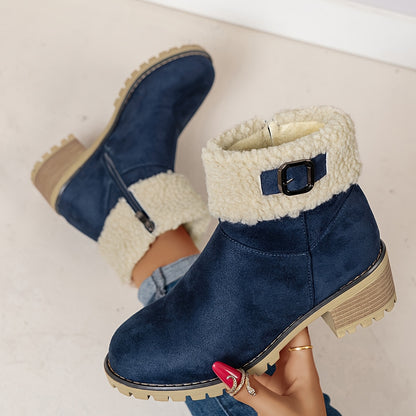 Chunky And Clssic Women'S Ankle Boots, Comfortable And Elegent Woemen Shoes. Warmth Khaki、Black And Beige Winter Women' Boots. Solid-Colored. Fleece-Lined Boots, Heighten And Non-Slip Lighhtweight Shoes with Cute Round Toe.