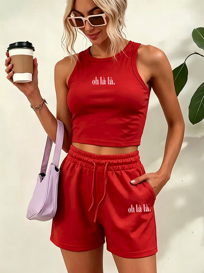 Women's Casual Two-Piece Set with English Print and Wide Leg Pants