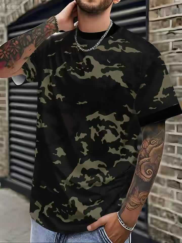 Men'S Camo Print T-Shirt - Short Sleeve, Regular Fit, Casual Style with Skull  Floral Design, Black with Brown/Beige Camouflage Pattern, Perfect for Casual Attire, Everyday Tshirt   Camo Print Tee   Stretchable Fabric