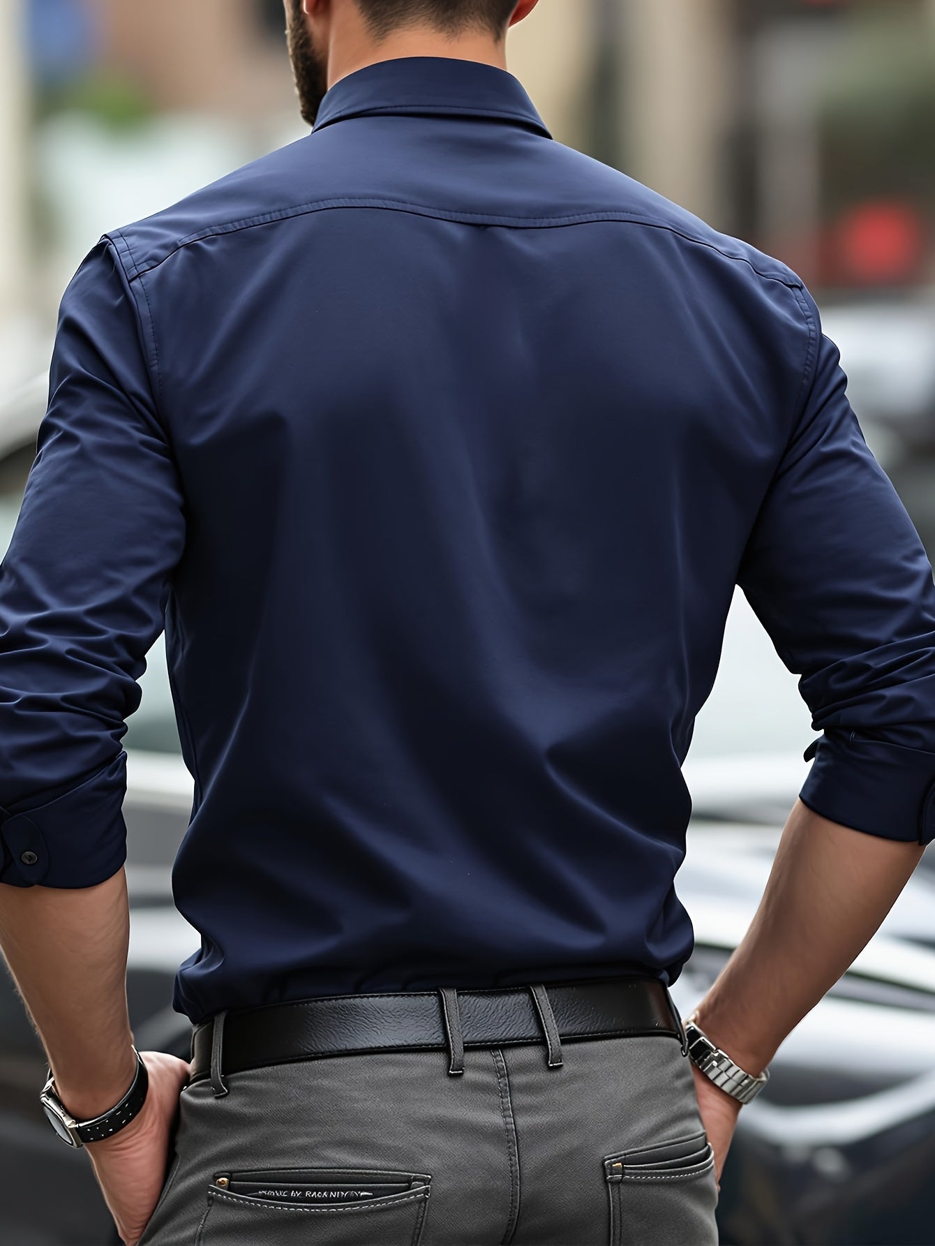 Men's Solid Color Slim Fit Shirt with Lapel Collar for All Seasons