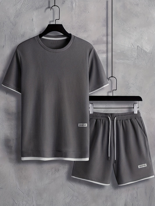 2Pcs Trendy Outfits For Men, Casual Crew Neck Short Sleeve T-shirt And Shorts Set For Summer, Men's Clothing Vacation Workout
