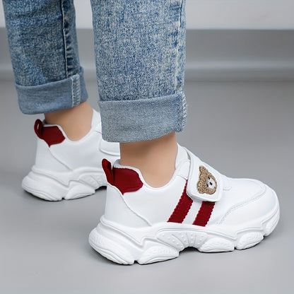 Girls' White Sneakers - Cute Cartoon Bear Design, Casual Low-Top Style with Hook-and-Loop Fastener, Comfortable Microfiber Synthetic Upper, All-Season Wear for Youngsters, Everyday Youngsters's Shoes | Playful Youngsters Snea