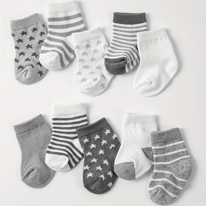 10 Pairs Of Baby Boy's Striped Knitted Socks, Breathable Sweat-absorbing Comfy Soft Casual Simple Style Socks All Seasons Wearing For Kid's Outdoor Wearing