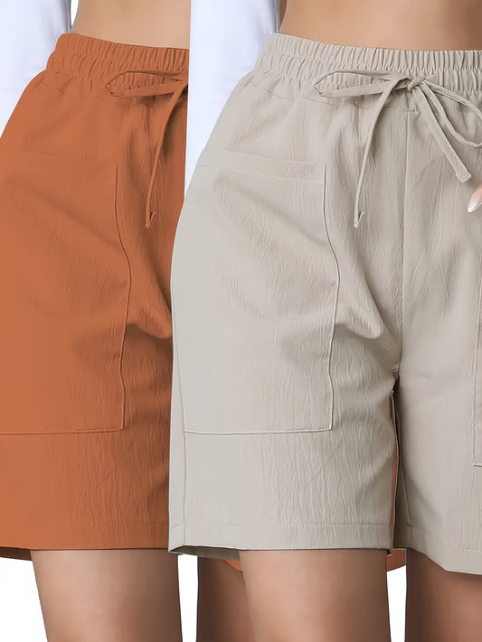 Women's Casual Solid Color Cargo Shorts 2pcs, Drawstring Waist with Dual Pockets, Lightweight Polyester, Orange & Beige, Perfect for Spring/Summer