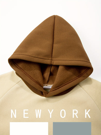 2pcs Boys' Oversized Hooded Sweatsuit & Jogger Pants Set with Letter Print - Beige & Brown Casual Winter Outfits, Thick Warm Fabric, Machine Washable, Pockets, Elastic Waist & Cuffed Hem for Play & Casual Attire - Ideal for L