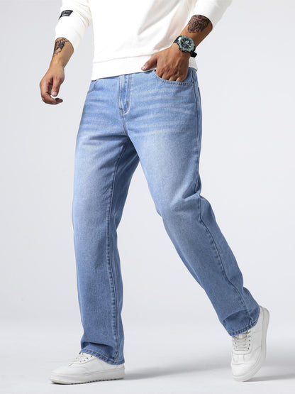 Loose Fit Straight Leg Jeans, Men's Casual Street Style Distressed Denim Pants For All Seasons