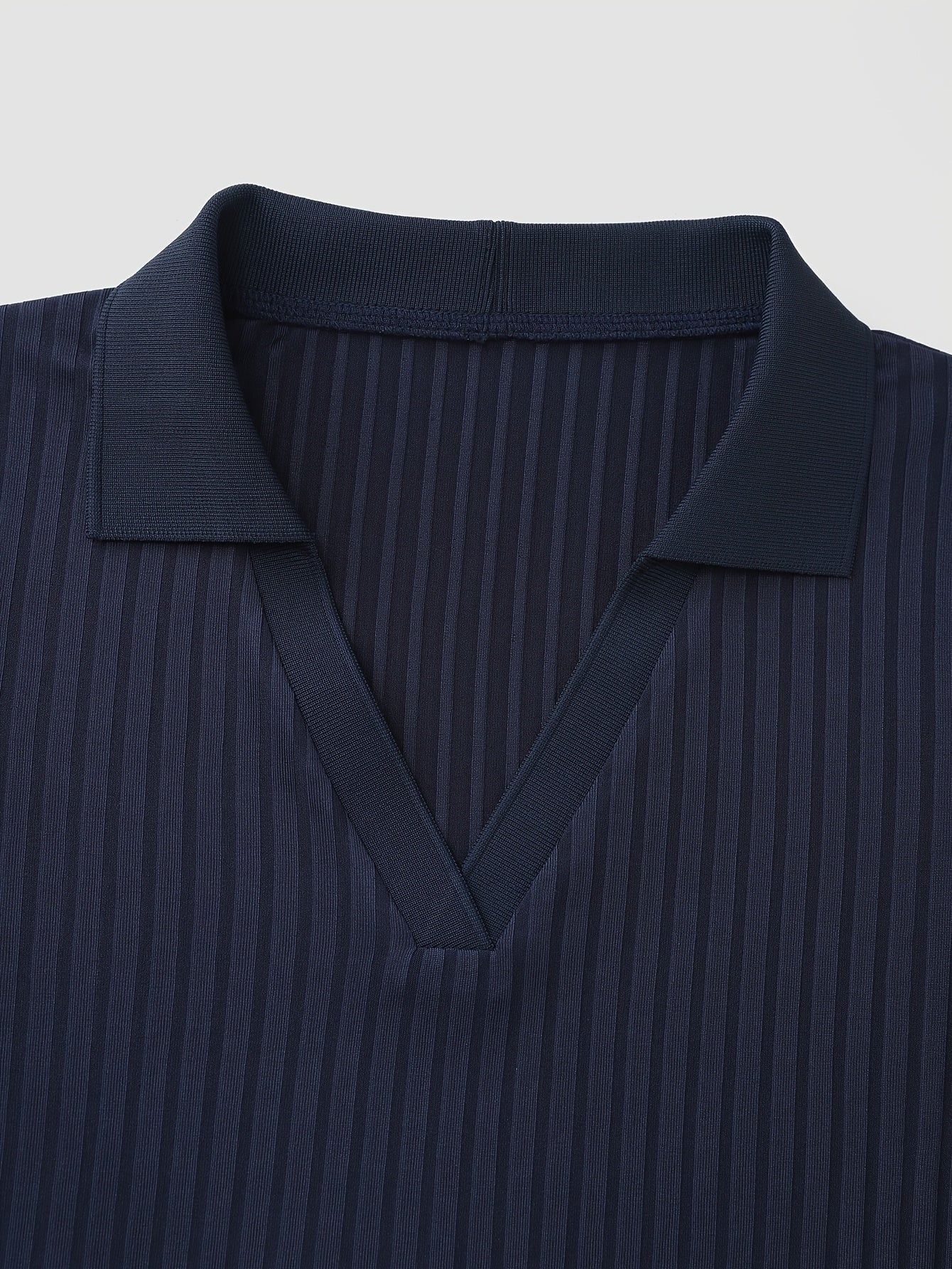 Elegant Navy Blue Ribbed Long Sleeve Top for Women - Chic V-Neck with Collar, Stretchy Polyester Blend, Machine Washable - Perfect for Spring & Autumn