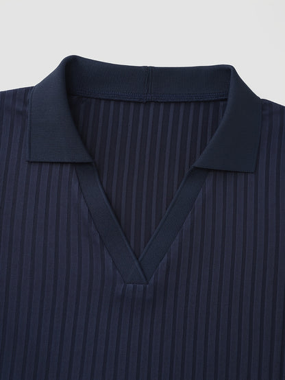 Elegant Navy Blue Ribbed Long Sleeve Top for Women - Chic V-Neck with Collar, Stretchy Polyester Blend, Machine Washable - Perfect for Spring & Autumn