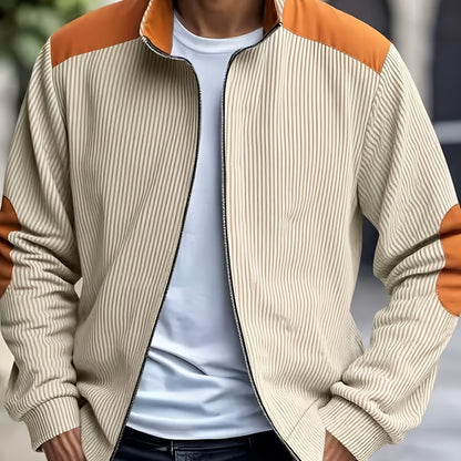 Men'S Long Sleeve Patchwork Fashion Warm Jacket, Corduroy Long Sleeve Warm Coat with Zipper Stand Collar Long Sleeve Casual Comfortable Autumn and Winter Style