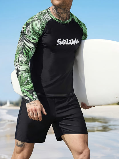 Men's Long Sleeve Rash Guard with Geometric Pattern, Athletic Swimwear