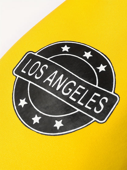 Men'S Cozy Fleece-Lined Hooded Jacket with "LA" Lettering - & Yellow Color Block, Zip-Up Casual Outerwear, Long Sleeves, Pockets, Perfect for Fall & Winter, Casual Winter Wear | Hooded Jacket | Zippered Jacket