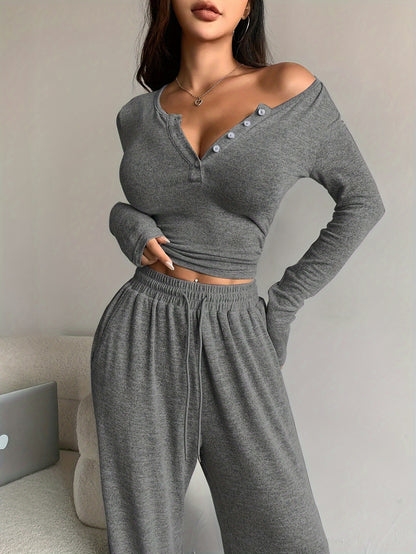 Elegant Fall/Winter Slim-Fit Cropped Top & Wide-Leg Pants Set - ayq
