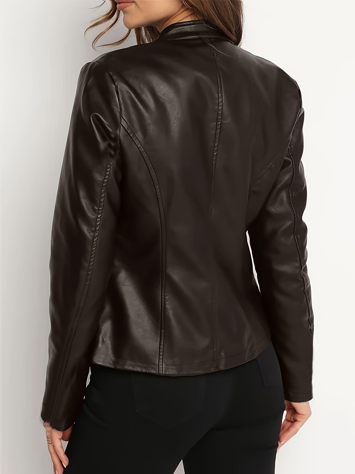 Women's Elegant PUPU Leather Jacket - Full-Zip Long Sleeve Motorcycle Coat with Stand Collar, -Tone Hardware & Smooth Leather Texture, Spring/Fall Outerwear for Casual & Formal Outfits (//Tan) - Non-Stretch Durable Leather, Z