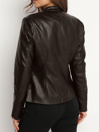 Women's Elegant PUPU Leather Jacket - Full-Zip Long Sleeve Motorcycle Coat with Stand Collar, -Tone Hardware & Smooth Leather Texture, Spring/Fall Outerwear for Casual & Formal Outfits (//Tan) - Non-Stretch Durable Leather, Z