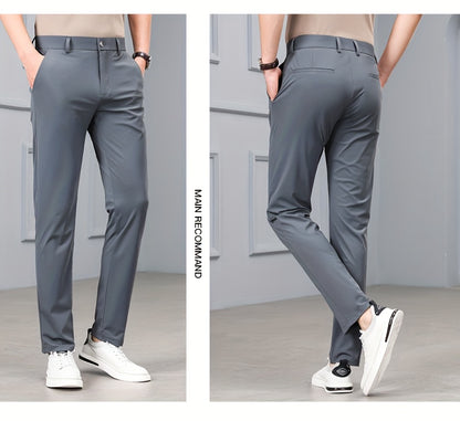 Men's Slim-Fit Stretch Casual Pants with Multiple Pockets - Waterproof, UV Protection, Light Gray, Straight Leg, Nylon Blend for Spring/Fall, Button Closure, Comfortable & Stylish Design, Everyday Comfort Pants | Modern Casua