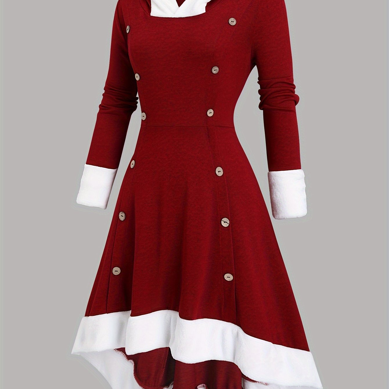 Կանացի վինտաժ Սուրբ Ծննդյան երեկույթի զգեստ - երկար պաշտոնական զգեստ գլխարկով, A-գծի ուրվագիծ, լարով գլխարկ - բորդո և սպիտակ տոնական հանդերձանք Սուրբ Ծննդյան և Նոր տարվա համար - էլեգանտ ձմեռային երեկոյան զգեստ, սեզոնային տոնակատարություն, դասական