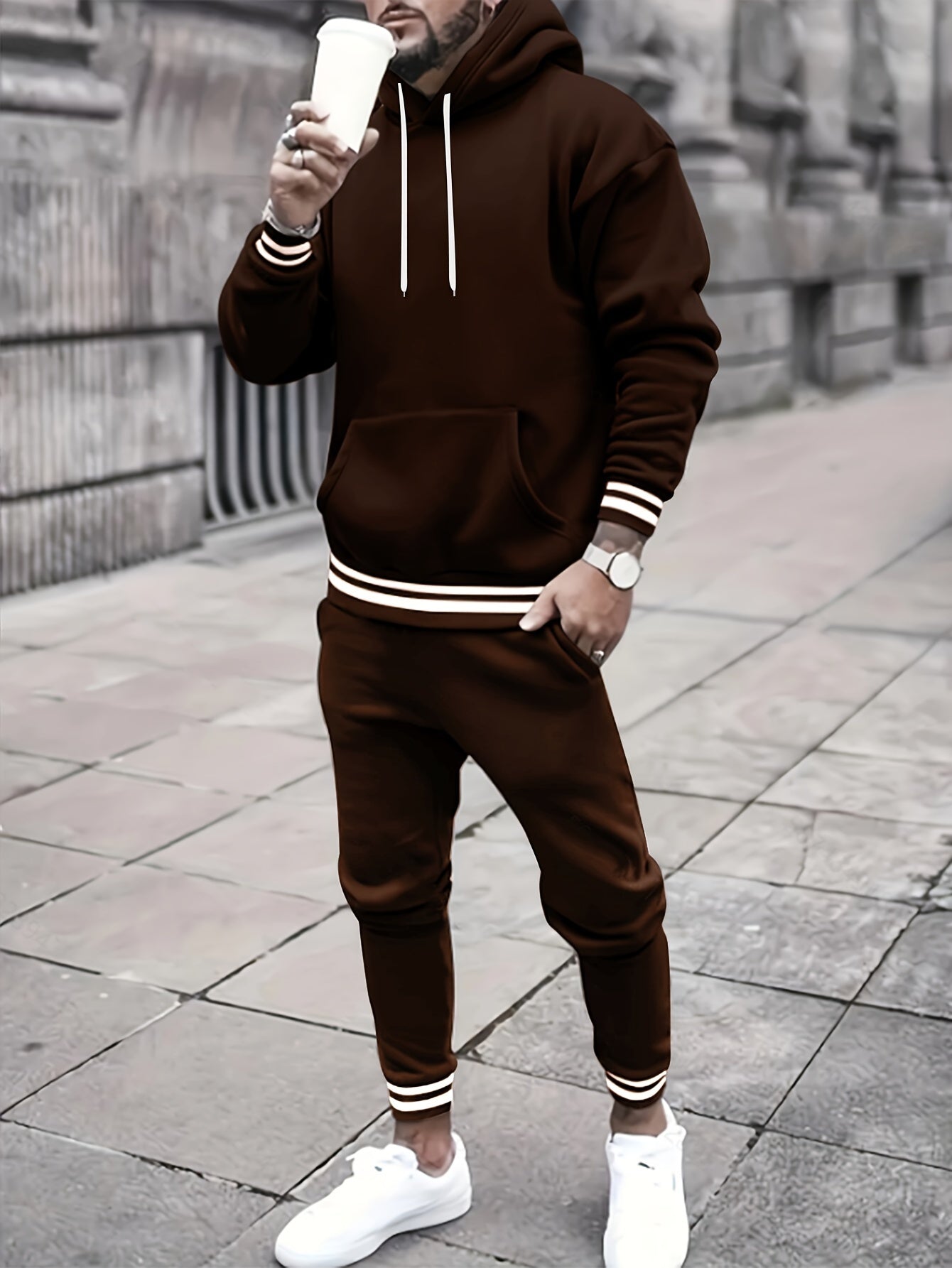 Men's Solid Color Hooded Casual Sportswear Set - ayq